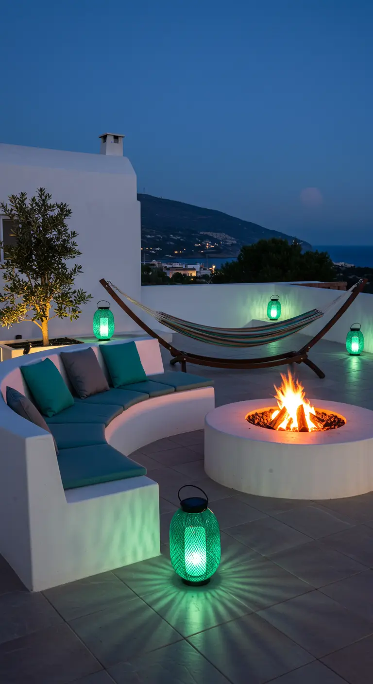 Terras bij nacht met een ronde vuurplaats, gebogen bank en groene lantaarns.