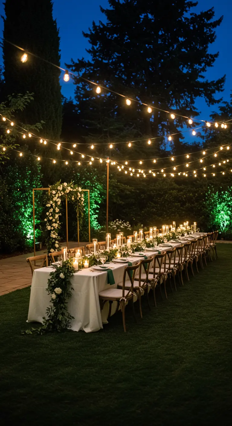 Lange gedekte tafel in een donkere tuin, verlicht door kaarsen en lichtslingers, met bloemenboog.