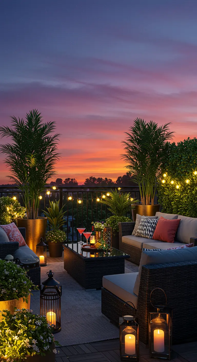 Luxe dakterras bij zonsondergang met palmbomen, loungebanken, lichtslingers en sfeervolle lantaarns.