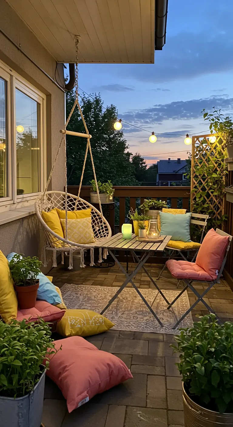 Balkon bij schemering met macramé hangstoel, houten tafel, lichtslingers en pastelkleurige kussens.