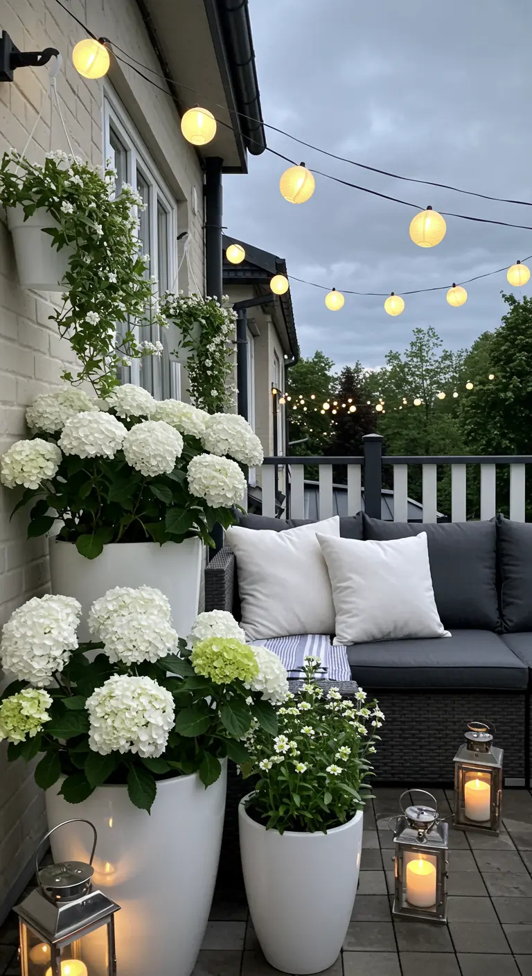 Balkon in de schemering met donkere lounge set, witte hortensia's en sfeerlicht.