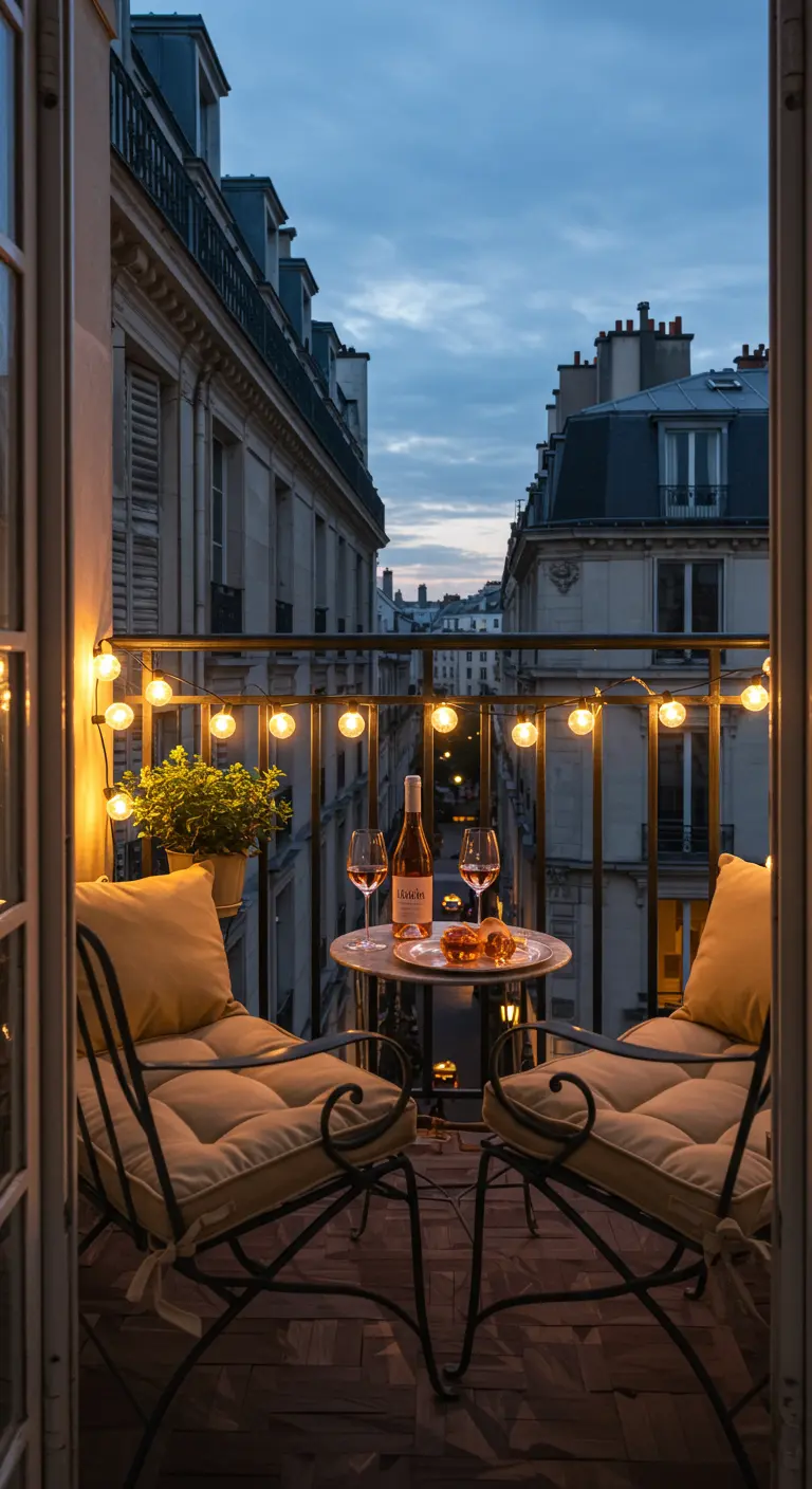 Romantisch balkon 's avonds met lichtsnoer, twee stoelen en een fles rosé.