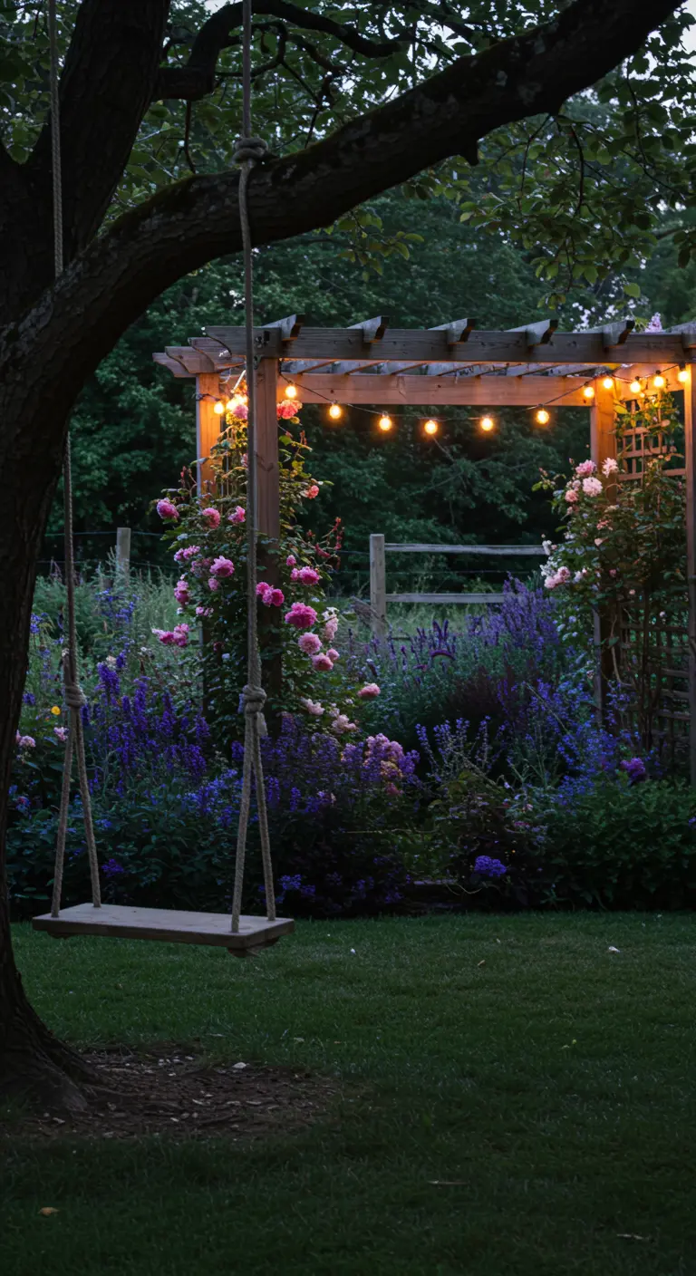 Houten schommel hangend aan een boom in de avond, met een verlichte pergola en bloemen op de achtergrond.