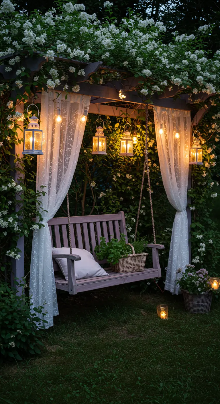 Paarse houten schommel onder een pergola met witte bloemen, kanten gordijnen en lantaarns.