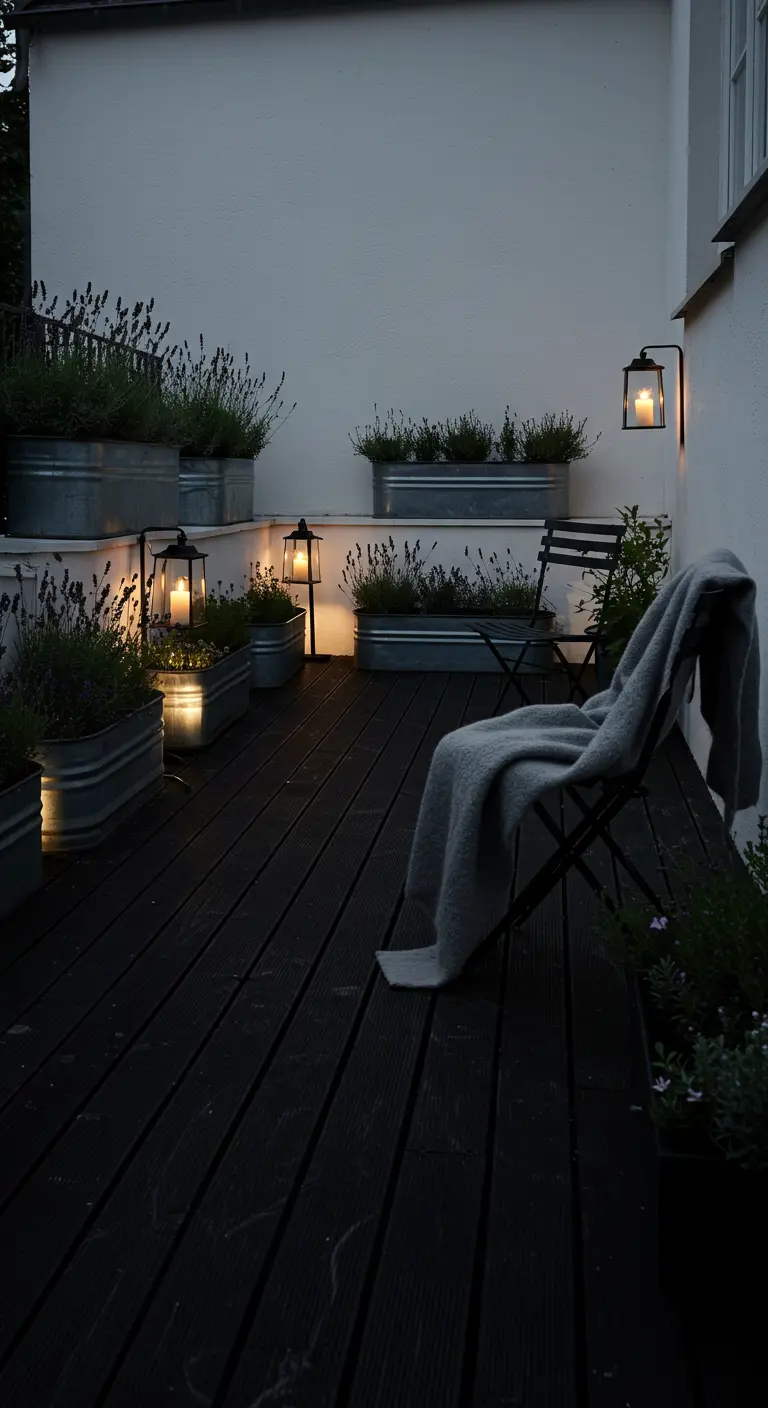 Donker houten terras met zinken bakken vol lavendel en lantaarns.
