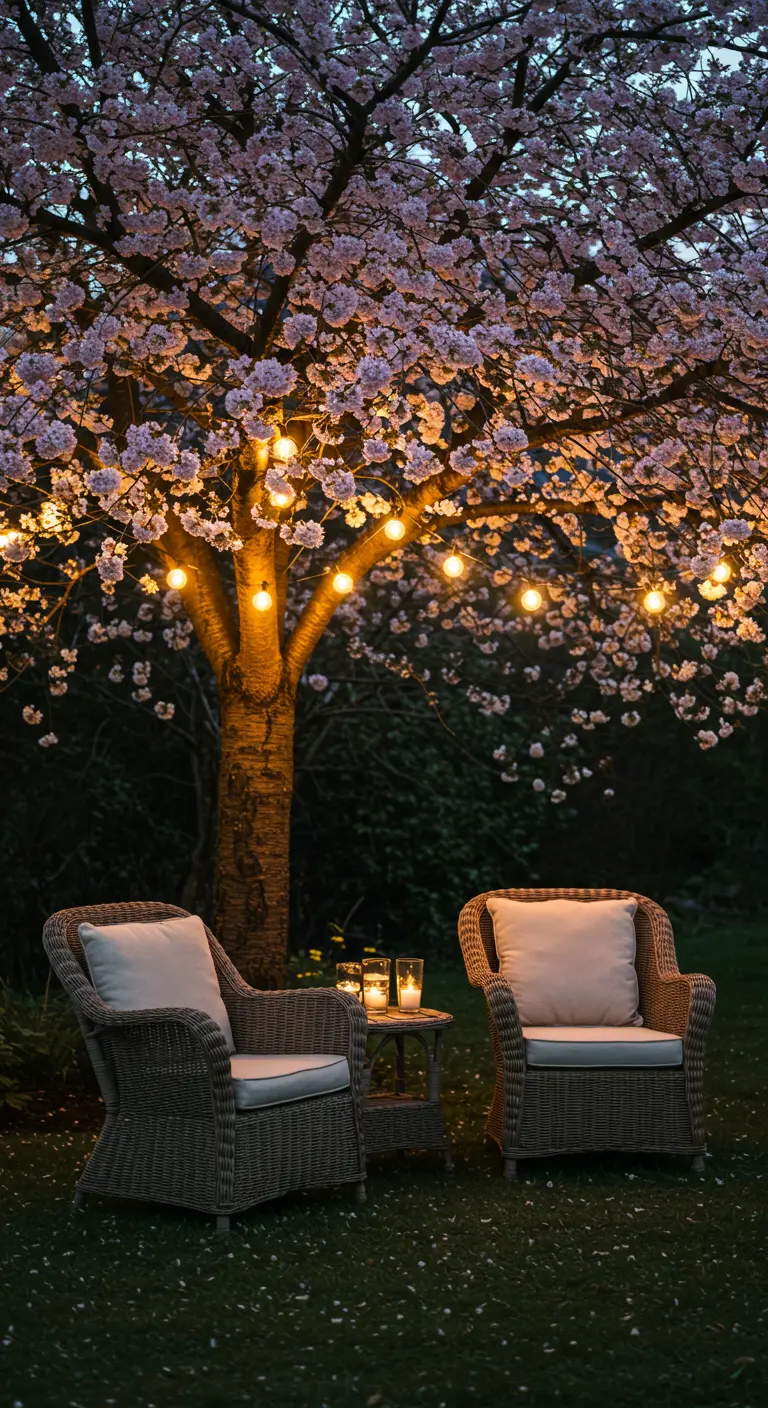 Twee rieten stoelen onder een bloesemboom die 's avonds verlicht is met een lichtsnoer.