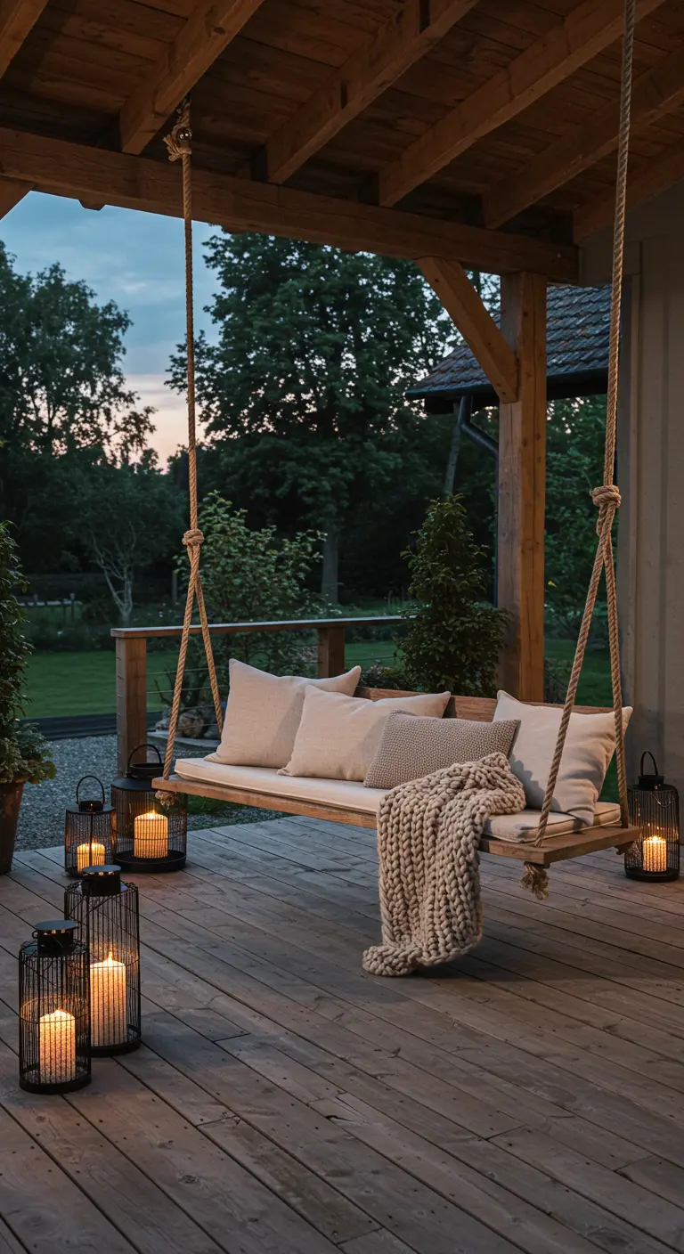 Houten schommelbank op een veranda bij schemering, omringd door lantaarns met brandende kaarsen.