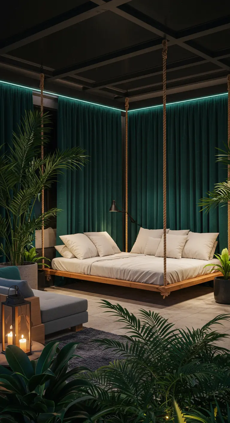 Zwevend houten bed met witte kussens, touwen, groene fluwelen gordijnen en tropische planten in een overdekte ruimte.