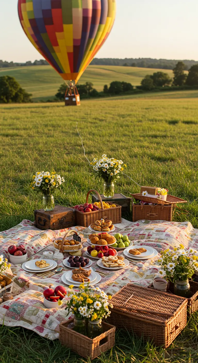 Romantische picknick in een veld met een heteluchtballon op de achtergrond.