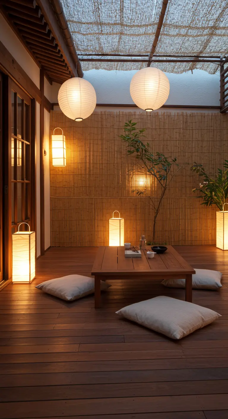 Serene buitenlounge met houten vloer en bamboe muur, verlicht door grote ronde papieren lantaarns en staande glazen lampen.