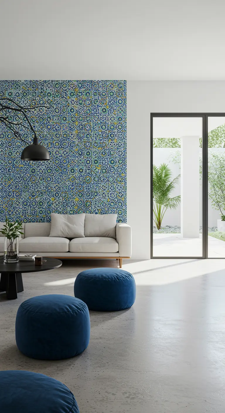 Woonkamer met accentmuur van blauw-groene Marokkaanse tegels en blauwe poefs.