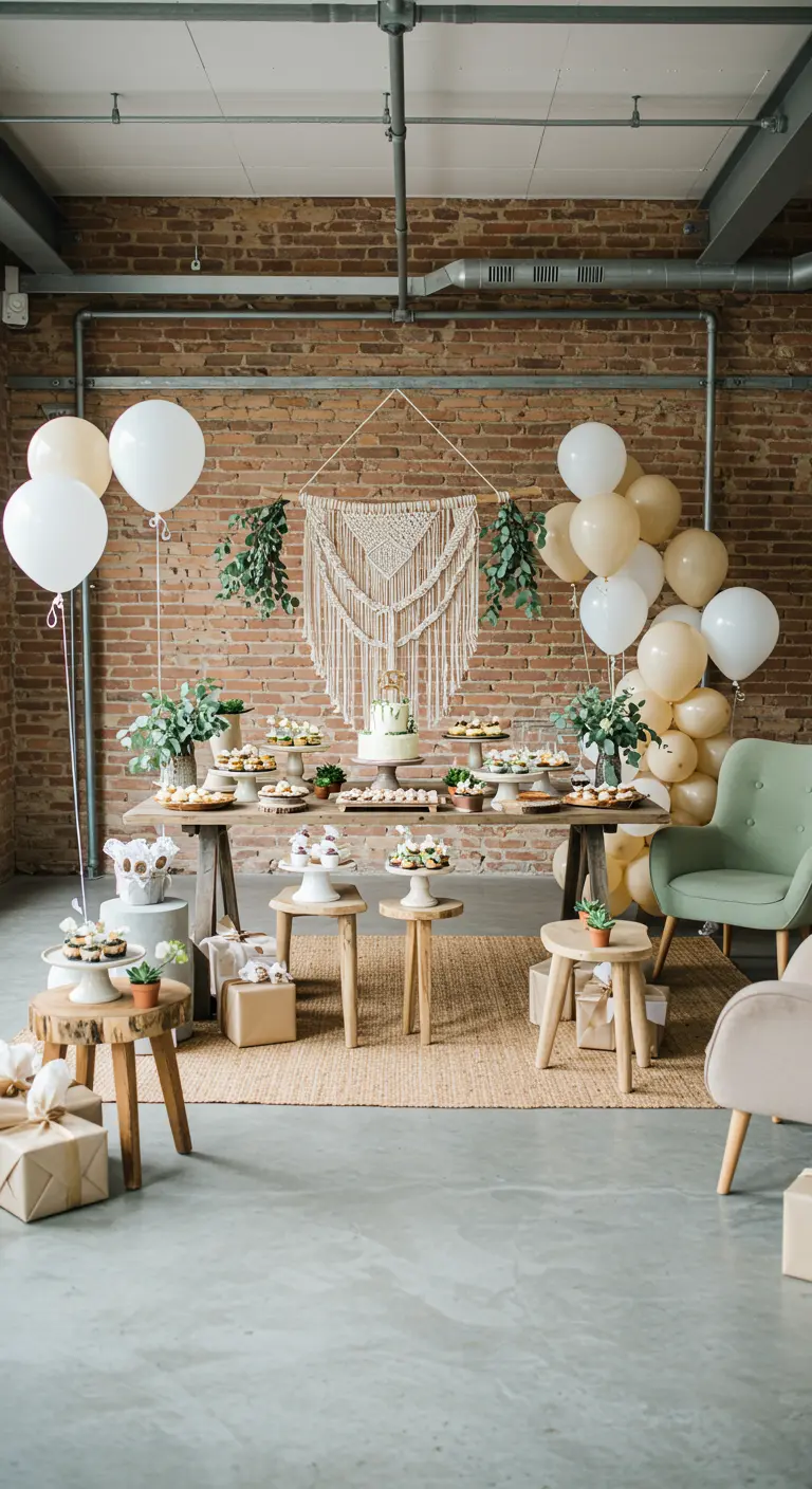 Taarttafel voor een bakstenen muur, gedecoreerd met een macramé-hanger en witte ballonnen.