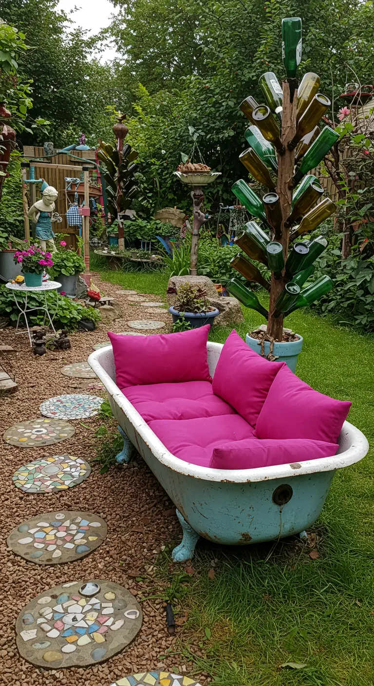 Een oud bad op pootjes, omgebouwd tot tuinbank met felroze kussens.
