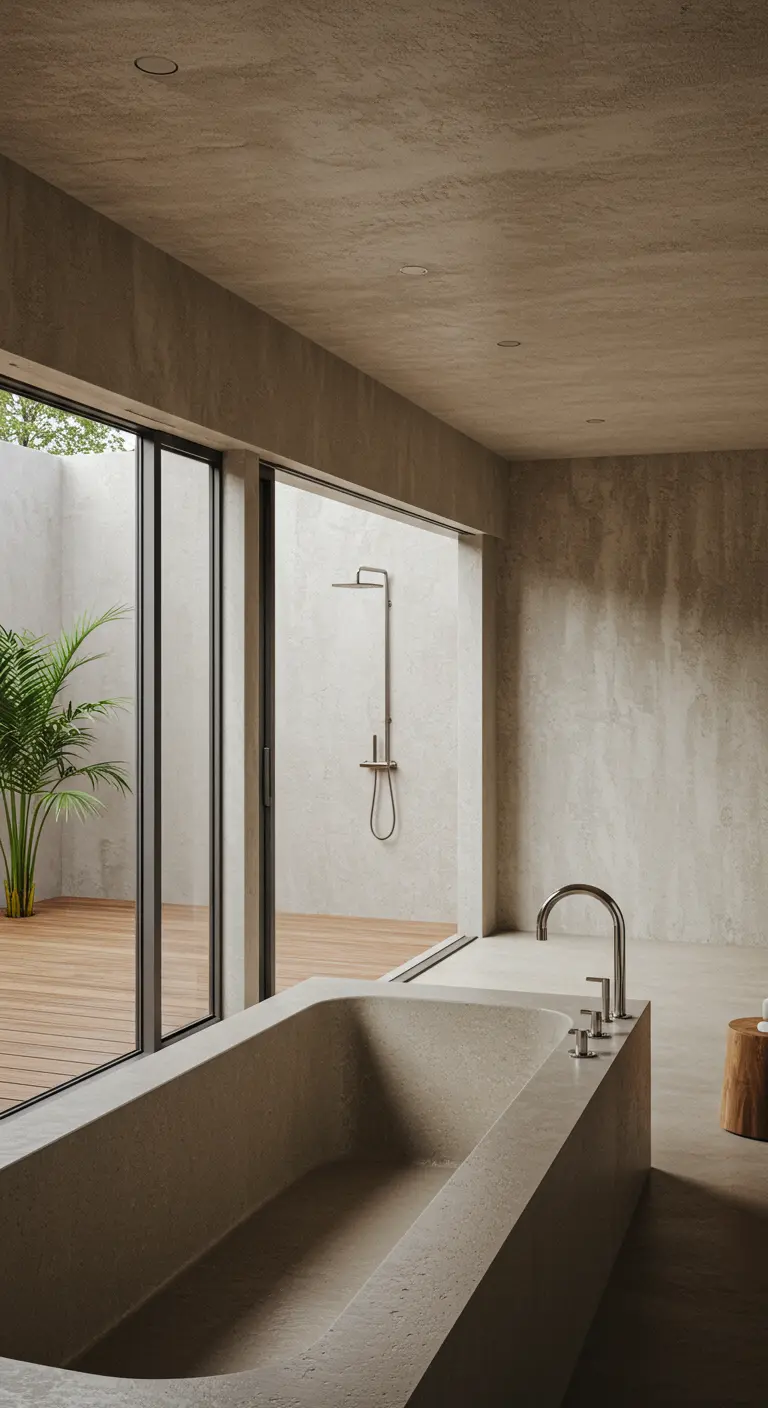 Badkamer met stenen bad, schuifpui naar een kleine patio met palmboom.