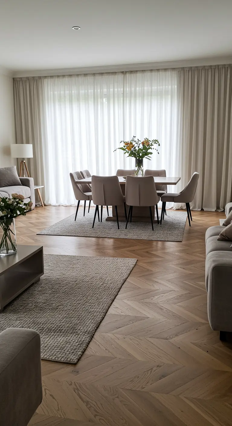 Open woon- en eetkamer waarbij een grijs tapijt de eethoek met moderne stoelen definieert.