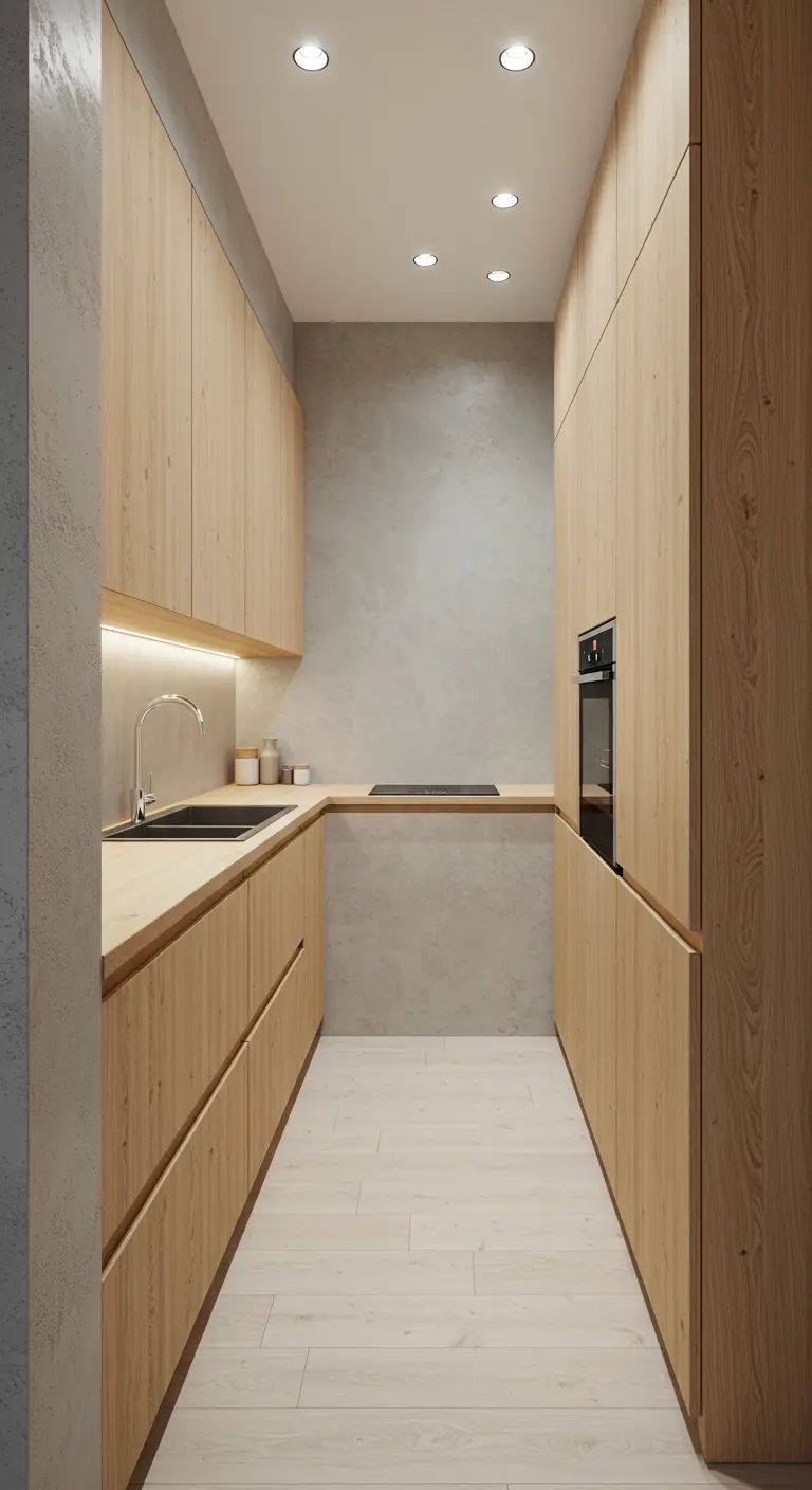 Smalle, lichte keuken met houten kasten aan weerszijden en een betonnen achterwand.