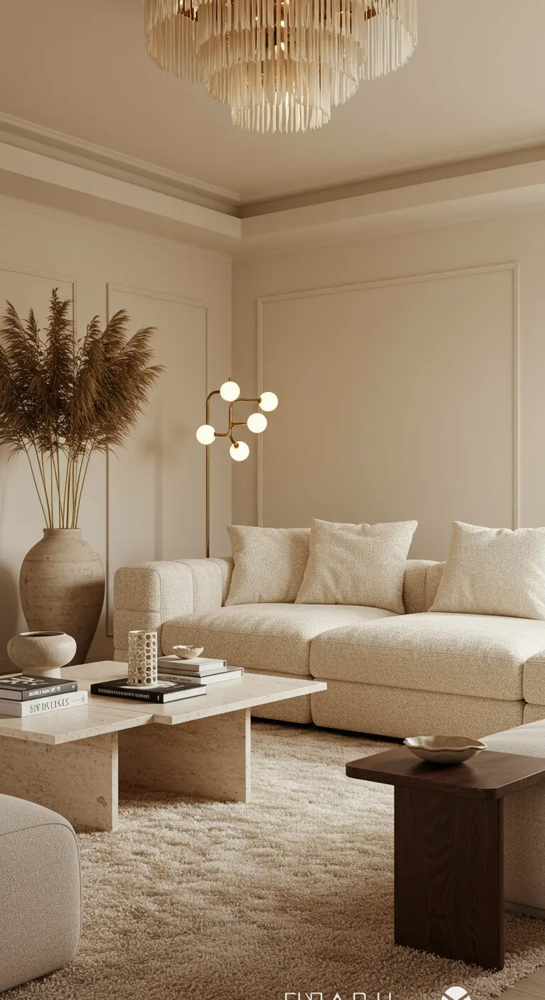 Crèmekleurige woonkamer met bouclé bank, marmeren tafel en gouden designlamp.