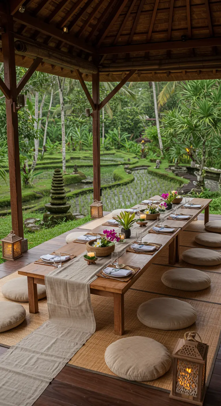 Lage tafel in Balinese setting met kussens en uitzicht op rijstvelden.