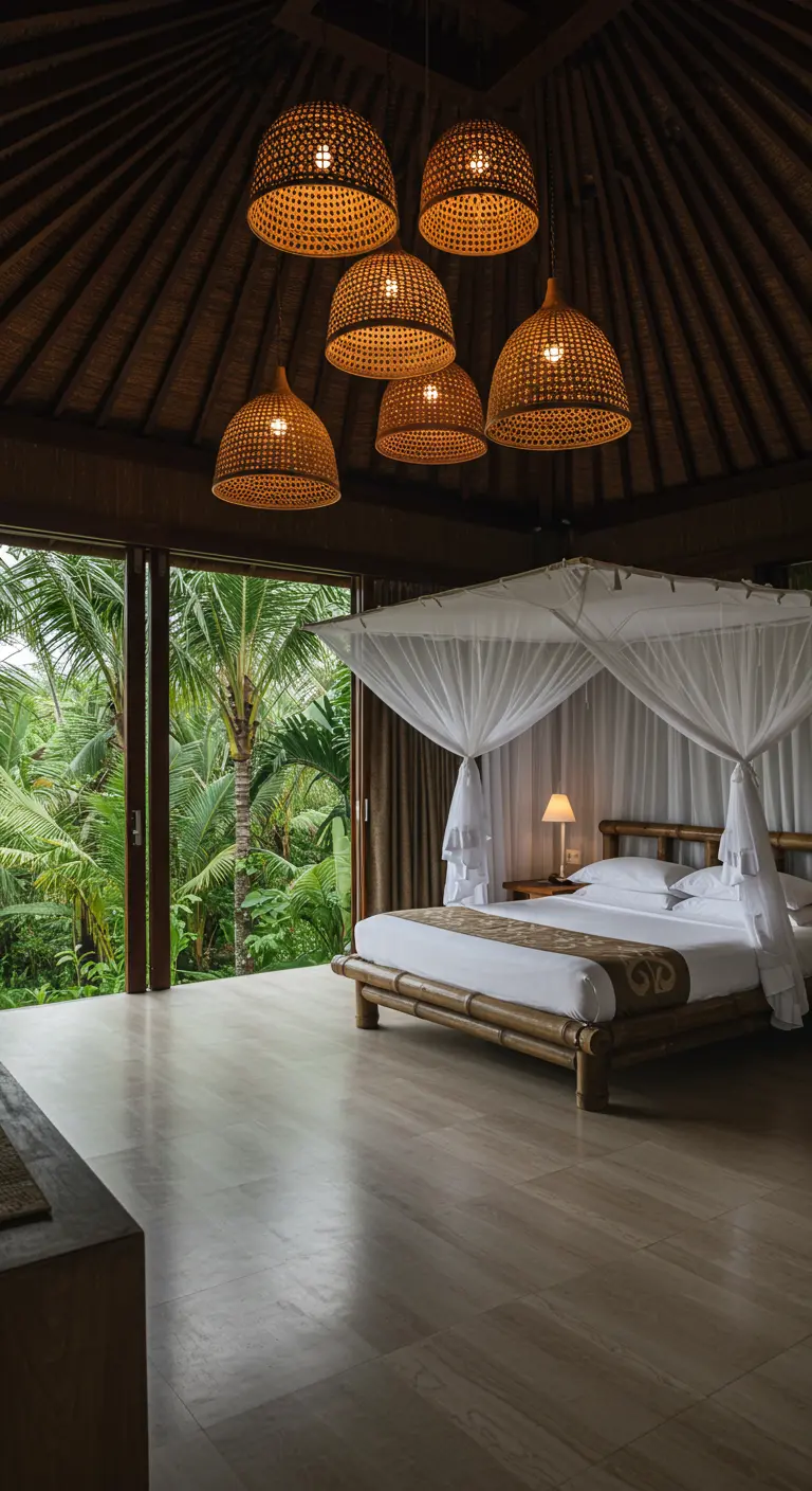 Bamboe hemelbed met een witte klamboe en rotan lampen in een tropische setting.