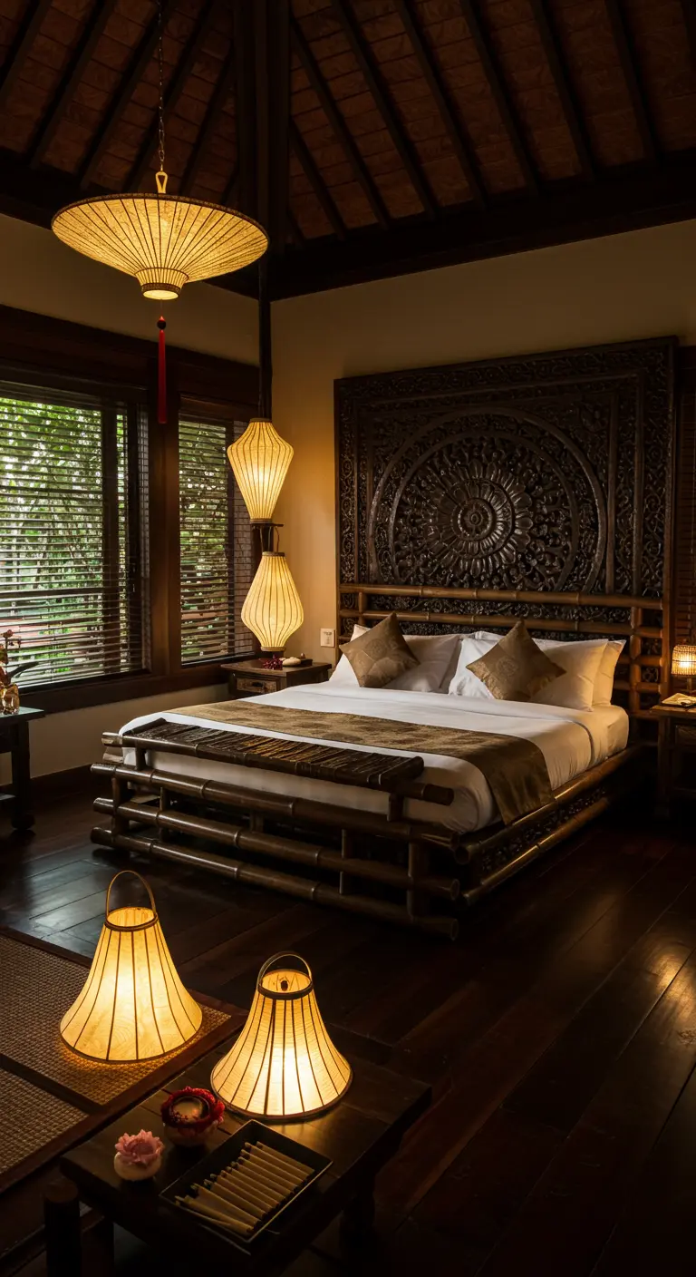 Luxe slaapkamer in Balinese stijl met een gesneden houten hoofdeinde en bamboe bed.