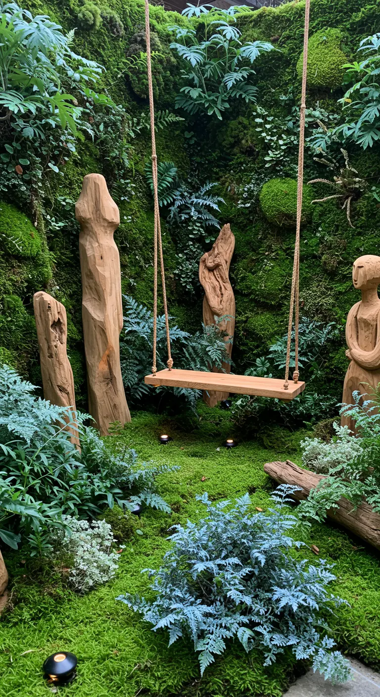 Donkere rotan eierstoel op balkon met verticale plantenmuur, verlicht door hangende lantaarns.