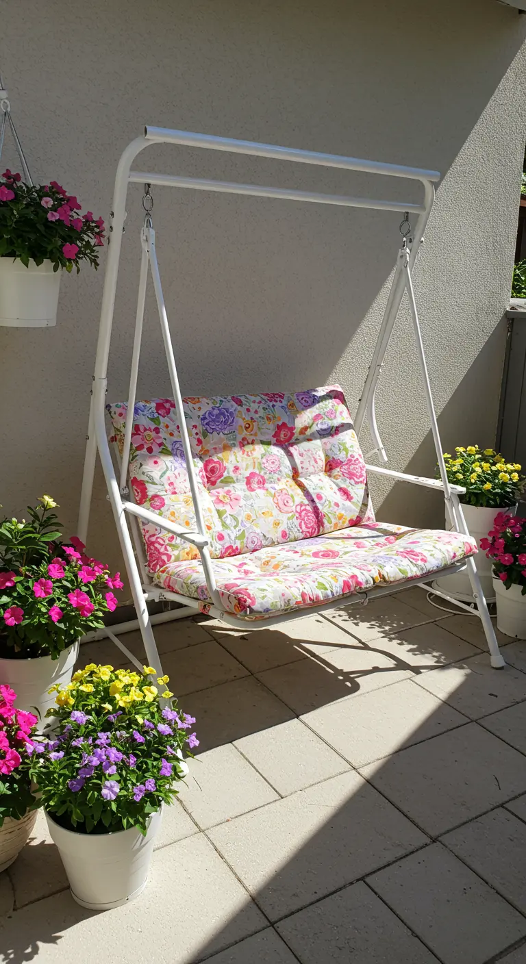 Witte metalen schommelbank met een kleurrijk bloemenprintkussen op een zonnig balkon.