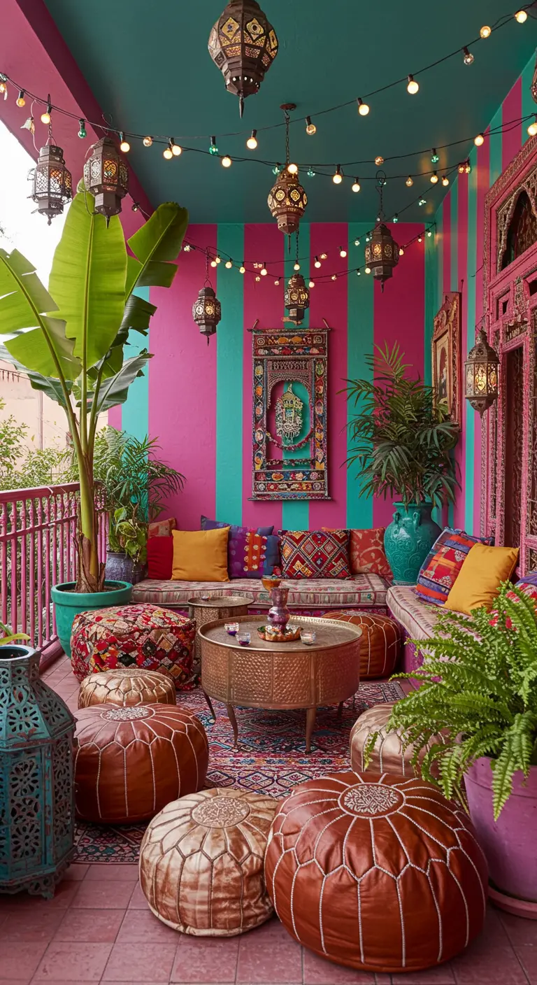 Levendig balkon met roze en groene gestreepte muren, kleurrijke kussens, veel lantaarns en planten.