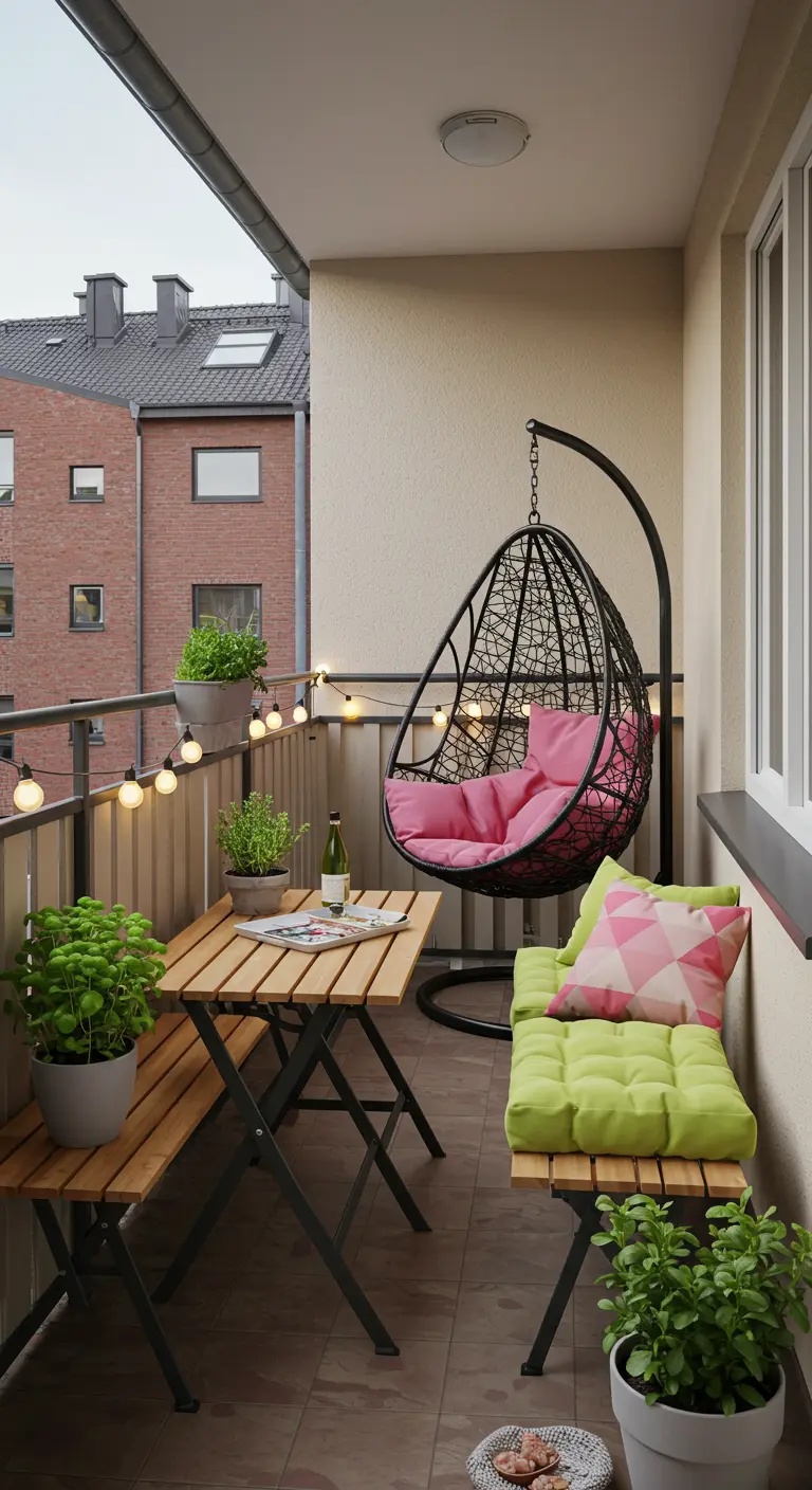 Compact balkon met zwarte hangstoel, opklapbare houten tafel, roze kussens en lichtslinger.