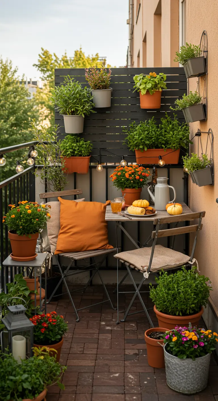 Klein balkon met planten, bistroset en herfstdecoratie.