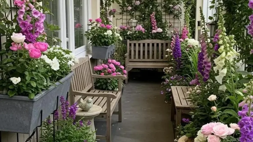 Cottage-stijl balkon met roze en paarse bloemen, waaronder vingerhoedskruid en rozen, en houten bankjes.