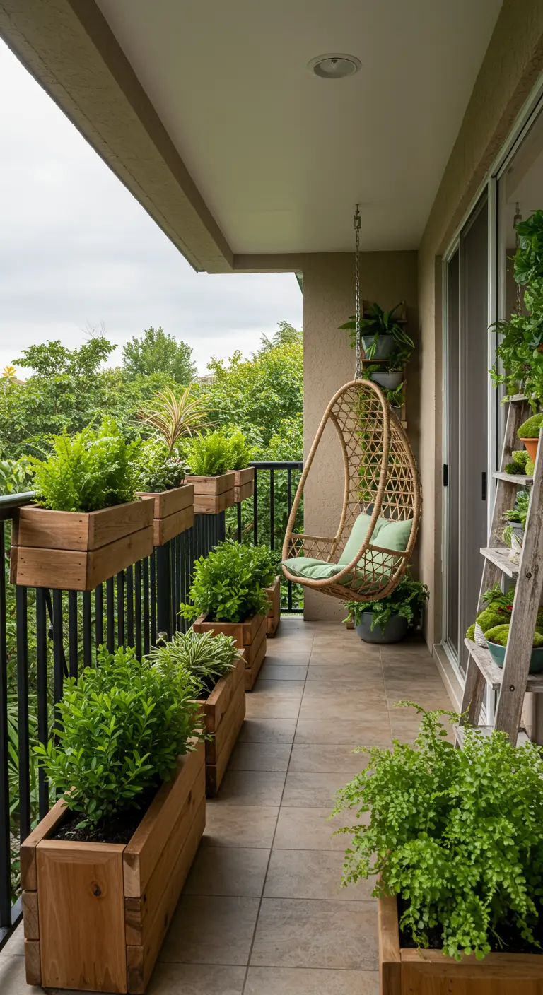 Rotan hangstoel op balkon met houten plantenbakken aan reling en plantenrek.
