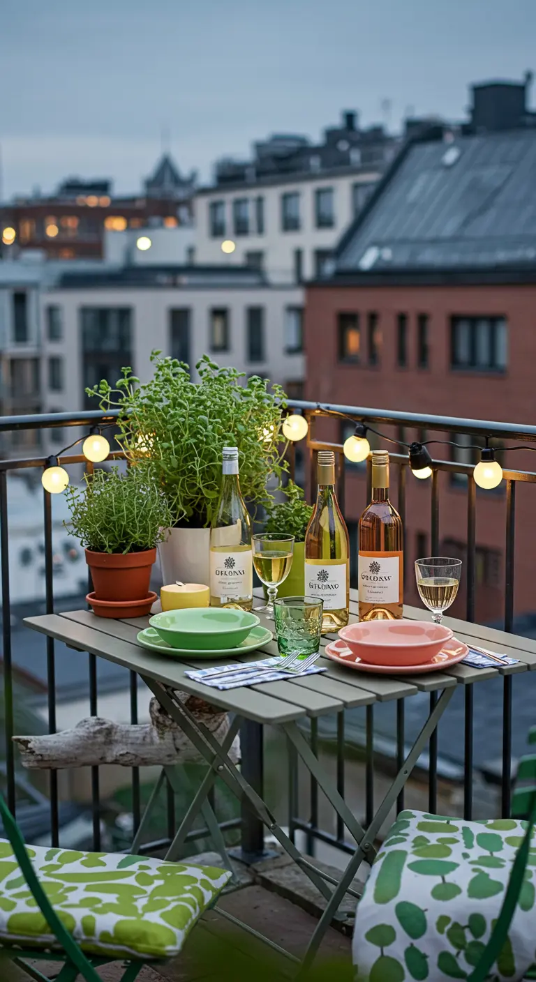 Klein balkon met gedekte tafel, wijnflessen, potplant en lichtslinger met stadszicht.