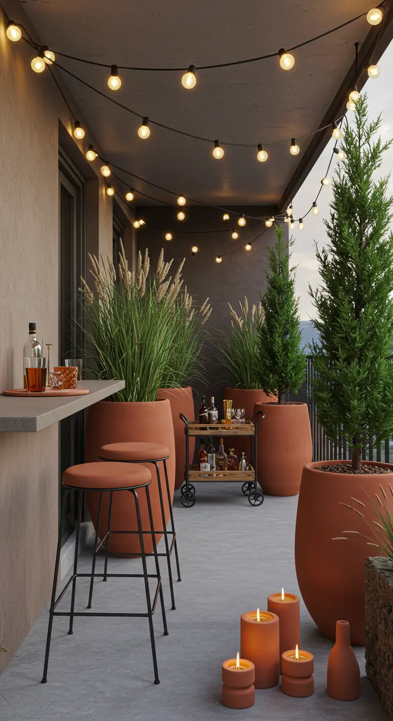 Balkon met hoge bar, krukken, grote terracotta plantenbakken en sfeervolle lichtslingers.