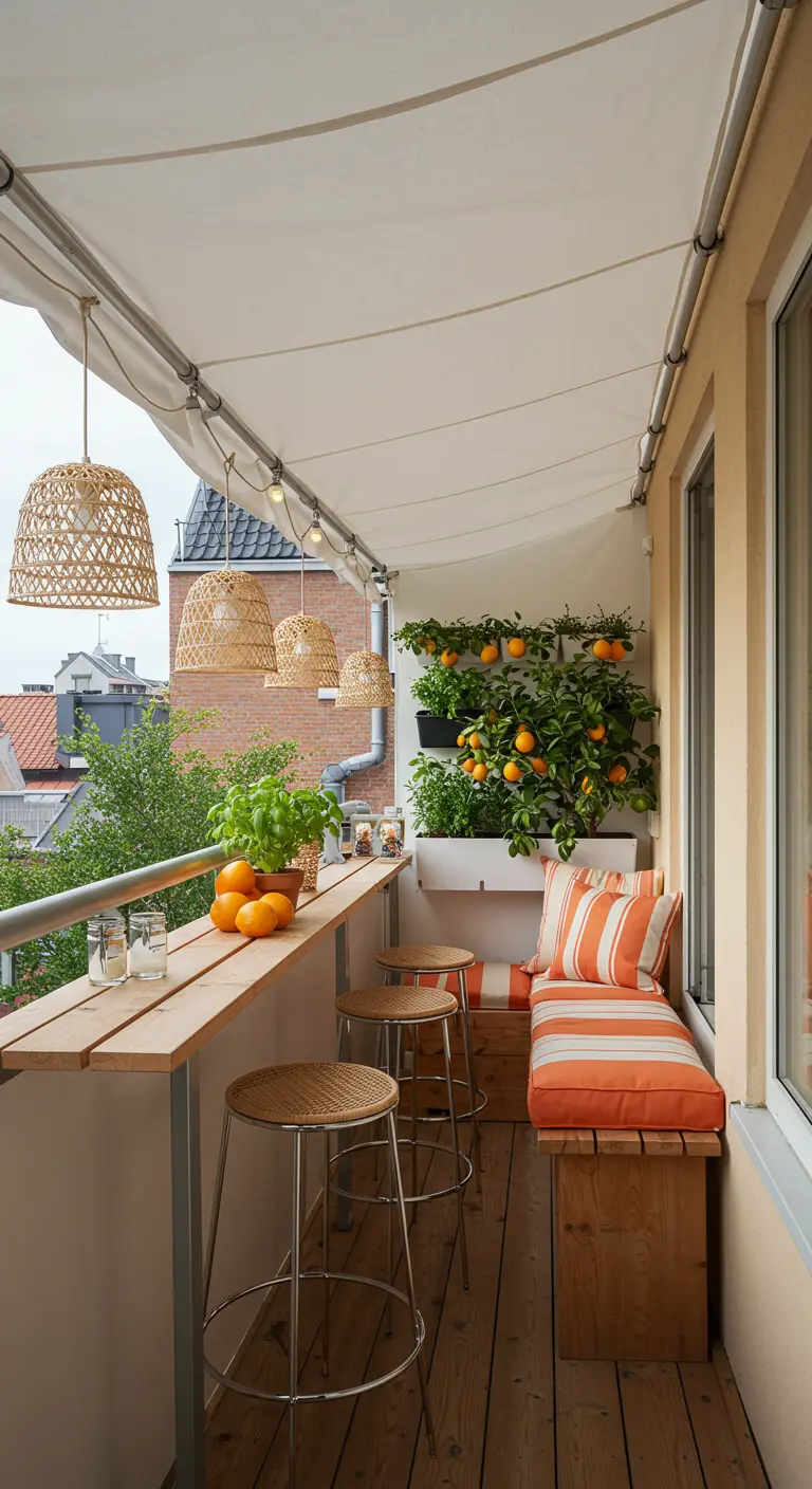 Smal balkon met een houten bar, barkrukken en een verticale plantenwand met citrusplanten.