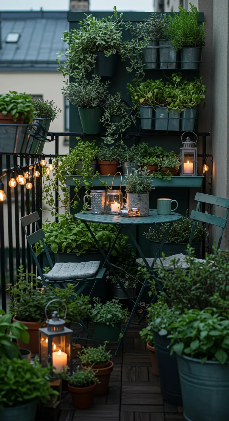 Klein balkon met veel potplanten, verticaal groen, bistroset en sfeervolle lantaarns.