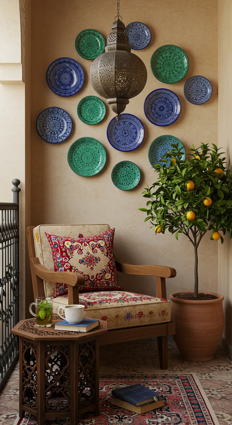 Gezellig balkon met Marokkaanse lantaarn, decoratieve wandborden, een fauteuil en een citrusboom.