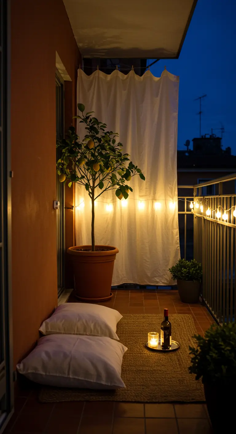 Knus balkon 's nachts met een citroenboom, kussens en sfeerverlichting