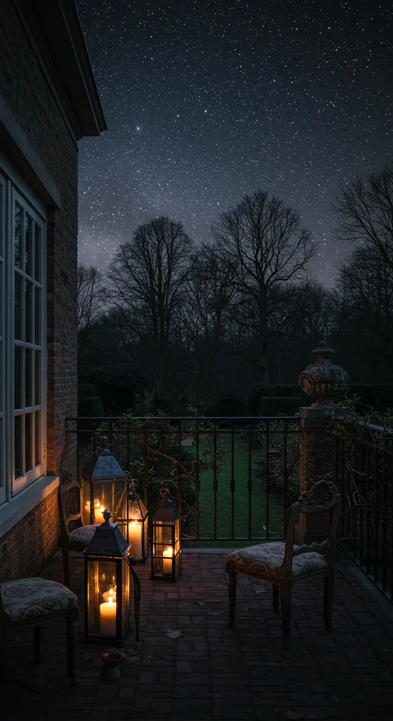 Balkon bij nacht met grote lantaarns met kaarsen, met uitzicht op een tuin en een sterrenhemel.