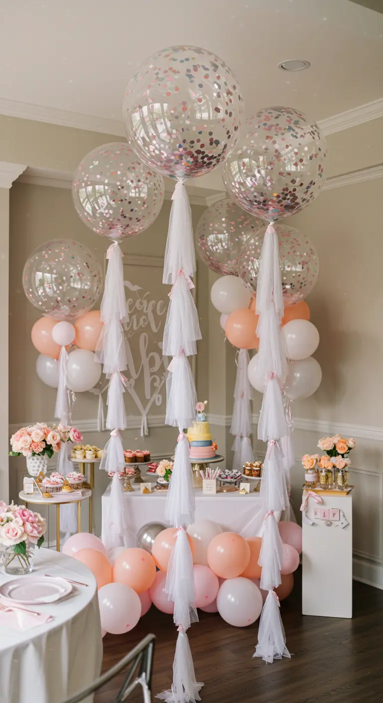 Grote confettiballonnen met lange, witte tule staarten zweven in een feestelijke ruimte.
