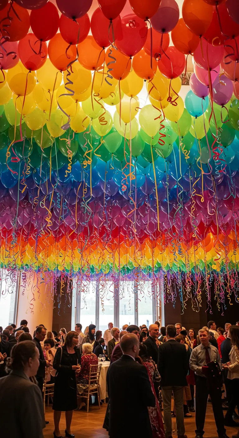 Plafond volledig bedekt met regenboogkleurige ballonnen en hangende linten.