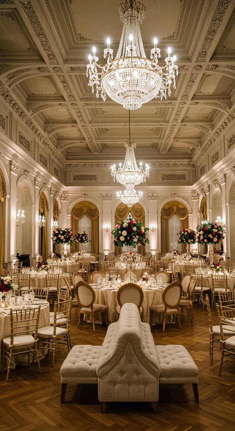 Grote balzaal met kroonluchters, ronde tafels, gouden stoelen en een centrale loungebank.