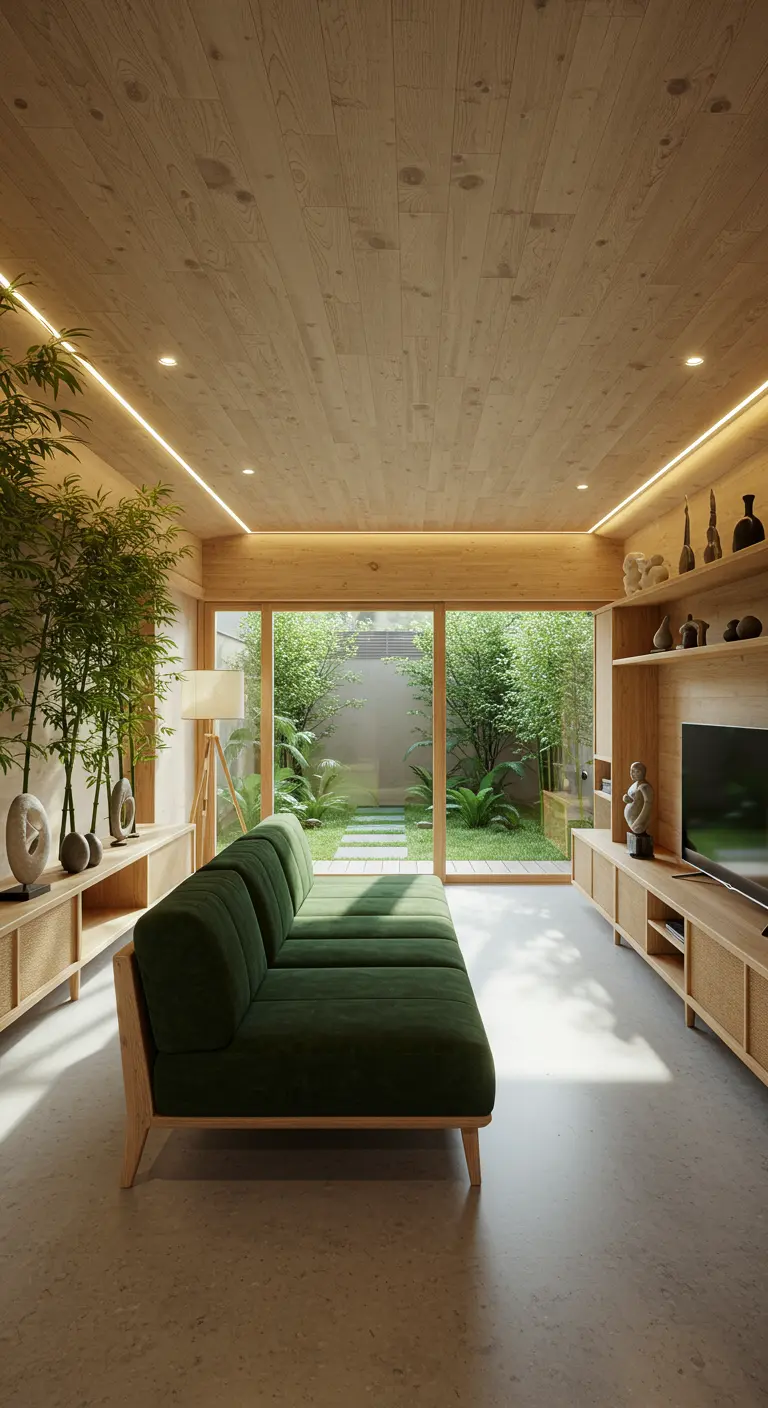 Woonkamer met bamboeplanten, groene bank en houten kasten met inbouwverlichting
