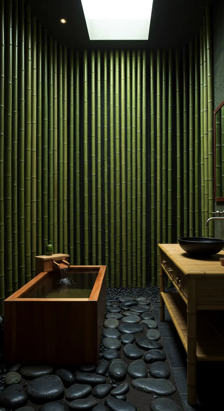 Donkere badkamer met bamboewand, houten bad en kiezelvloer.