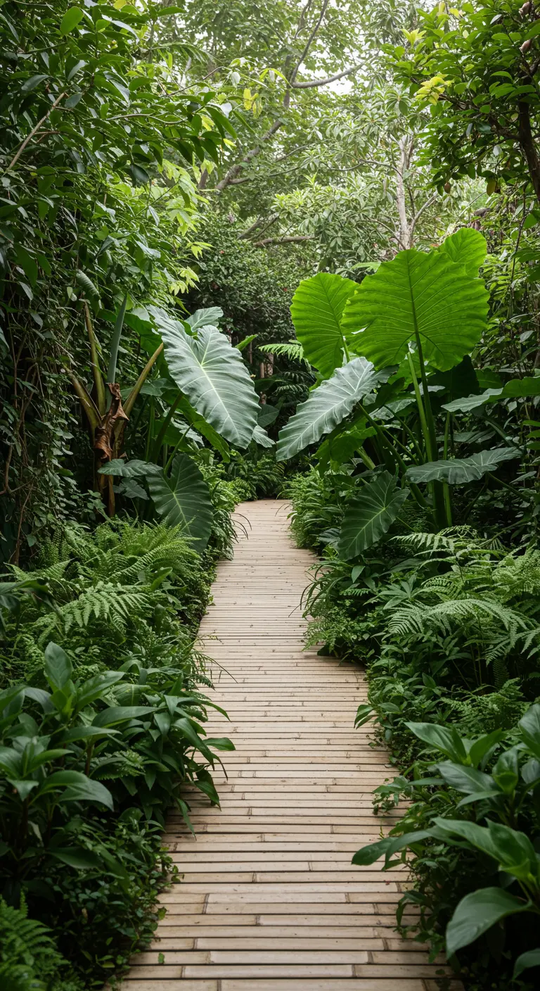 Een pad van lichte bamboeplanken slingert door een dichtbegroeide, tropische jungle-tuin.