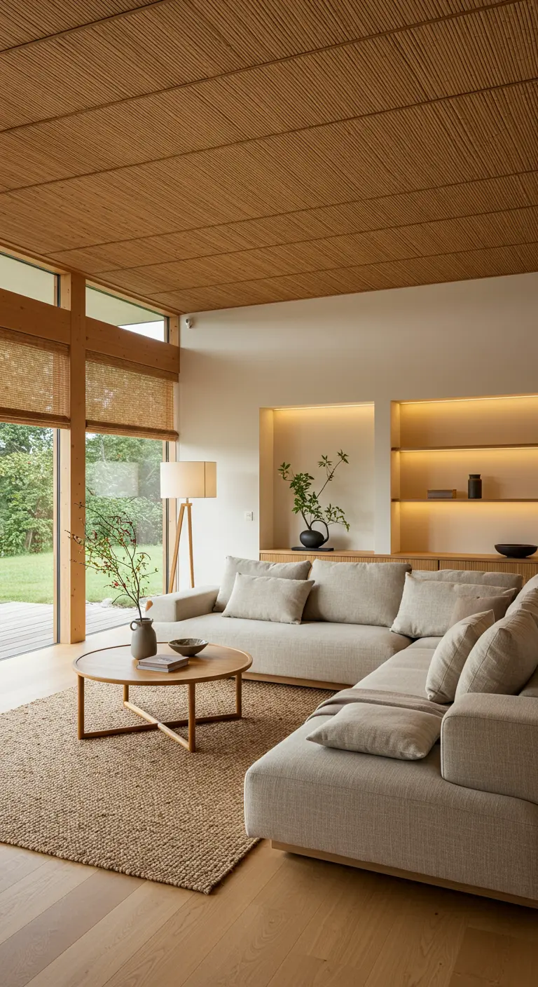 Woonkamer met bamboe plafond, lage bank en grote ramen