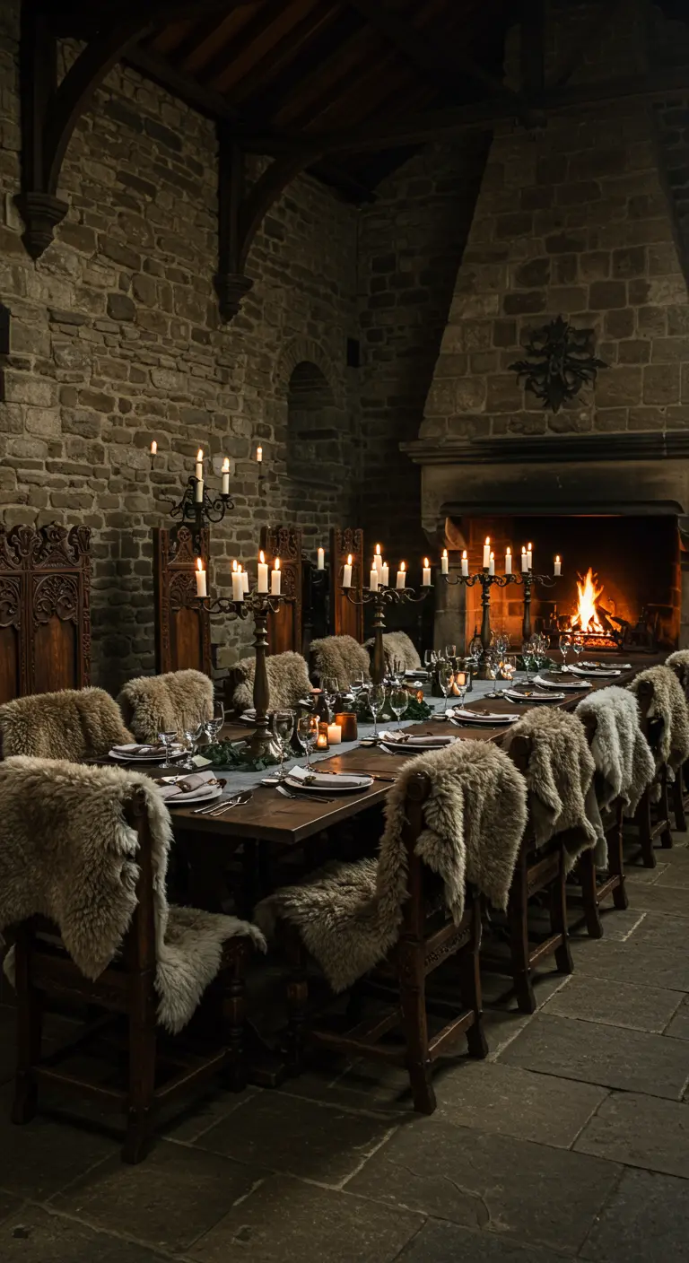 Middeleeuwse dineropstelling in een kasteel met houten stoelen met schapenvachtjes en kaarslicht.