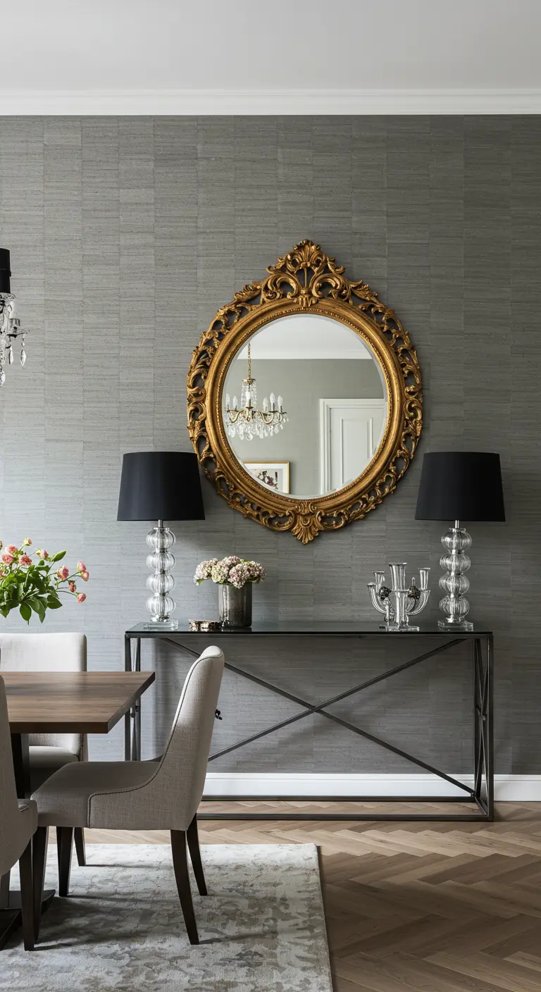 Grijze eetkamer met een industriële sidetable en een grote, gouden barokspiegel erboven.
