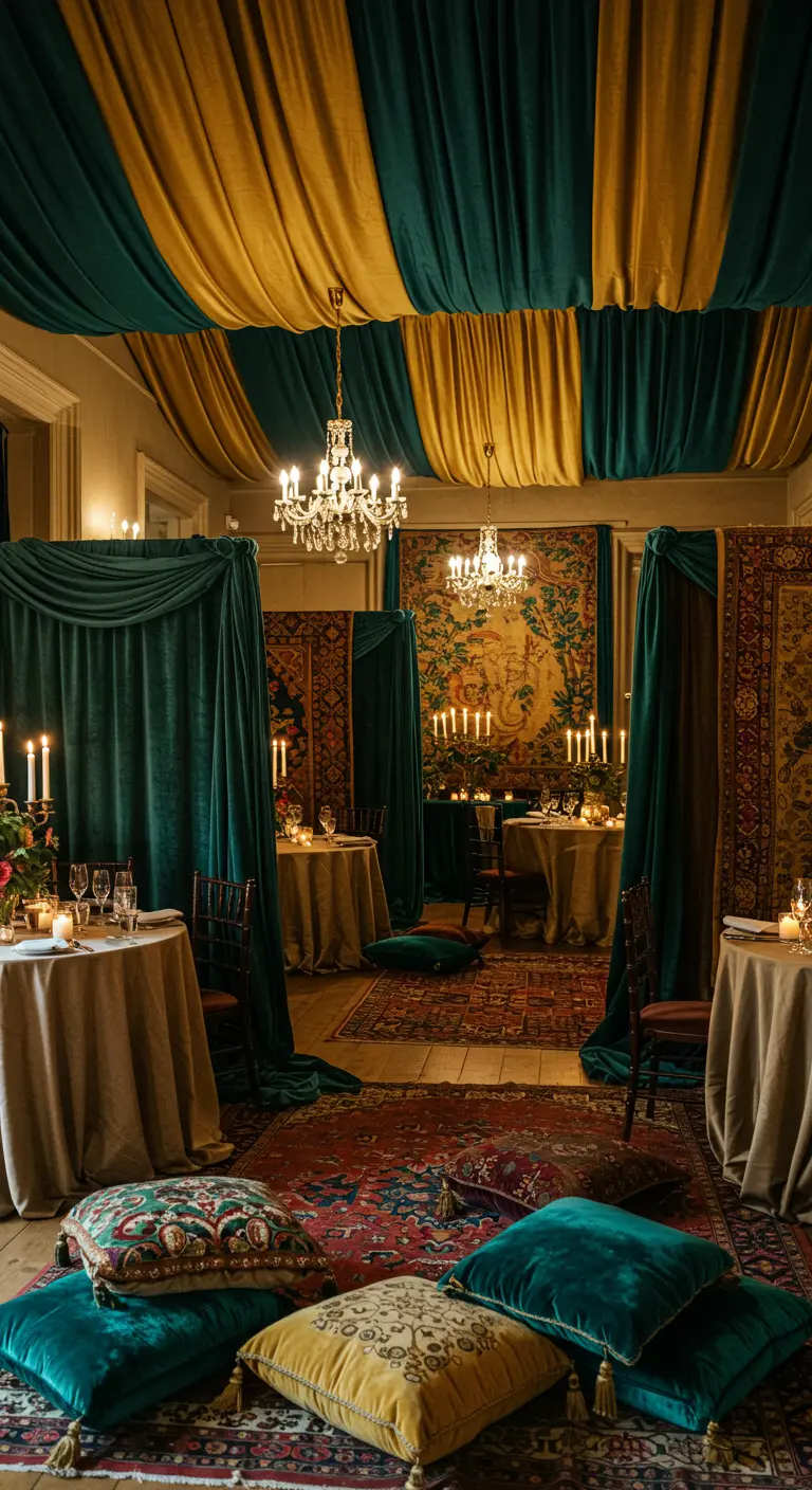 Kamer met fluwelen draperieën in groen en goud, kroonluchters en lage zitplaatsen.
