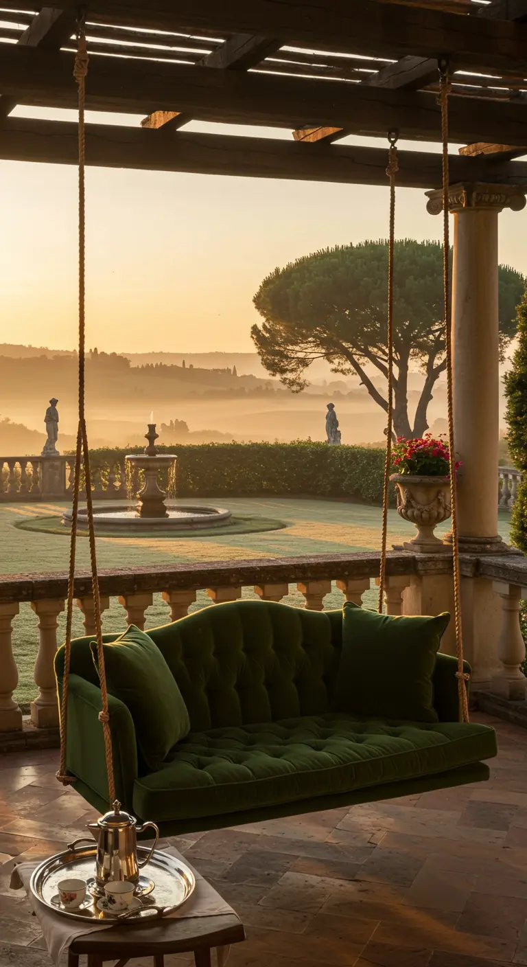 Fluweelgroene schommelbank onder pergola op Italiaans terras met mistig uitzicht en fontein bij zonsopgang.