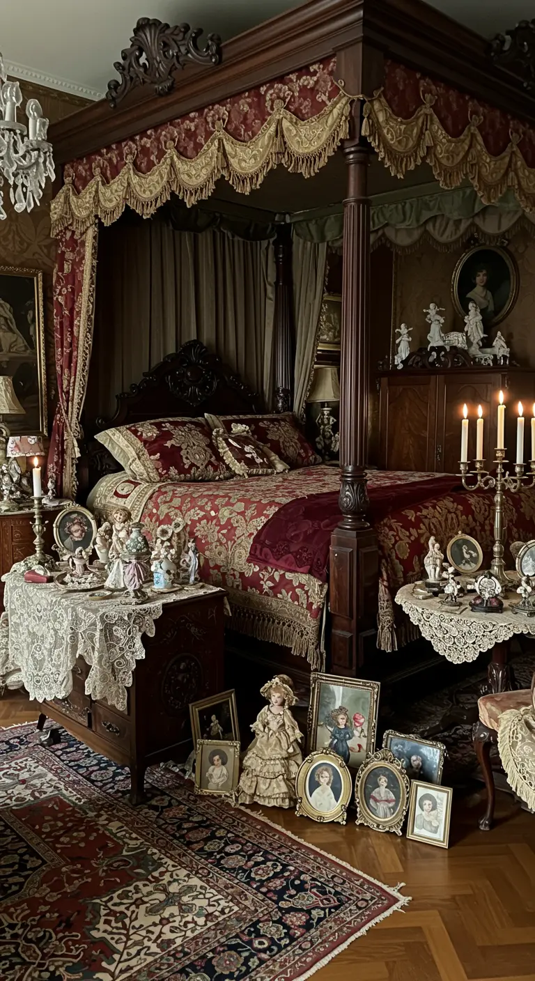 Rijk gedecoreerde slaapkamer met rood patroonstof, antieke poppen en portretten.